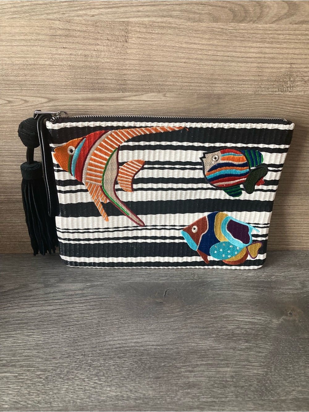 Sam Edelman Striped
Wristlet Clutch With Tassle And colorful Tropical Fish